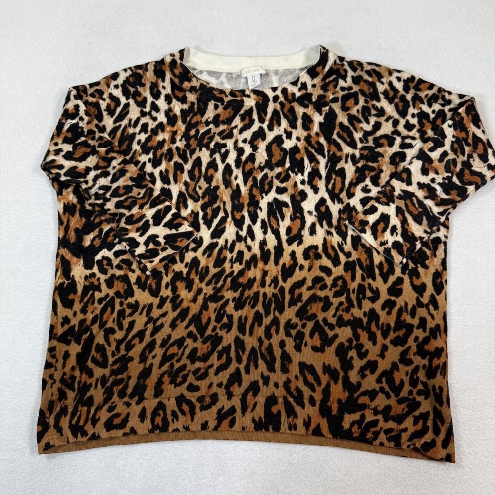 Chicos Shirt‎ Women 0 Cheetah Print Top 3/4 Sleeve Nylon Rayon